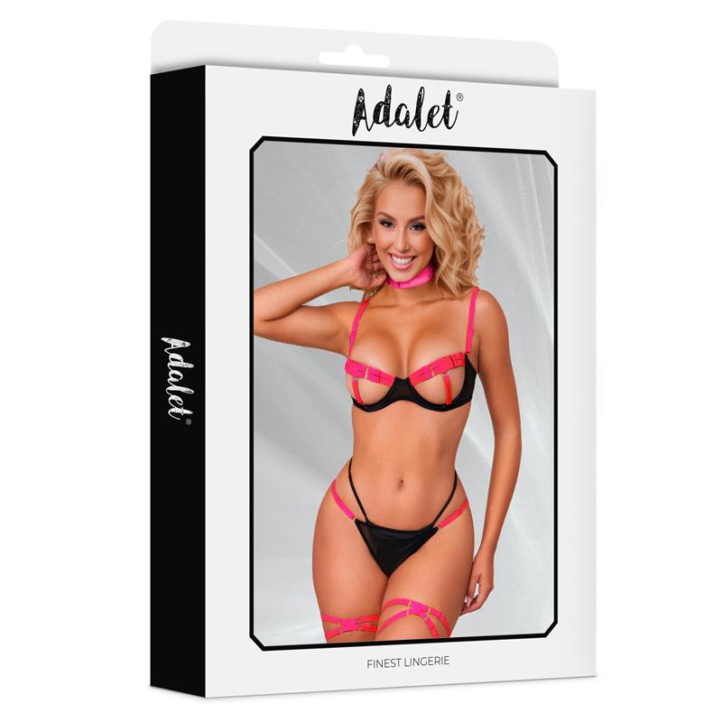 ADALET LINGERIE Pauline Bra, Panties, Leg Rings and Choker Set Black and Pink