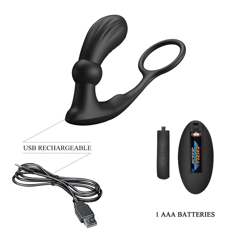 PRETTYLOVE Warren Remote-Controlled Vibrating and Pulsating Anal Plug and Penis Ring